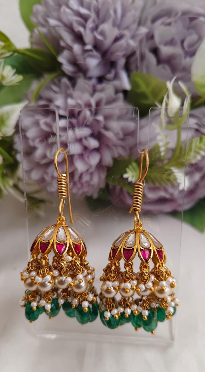 Pretty Teardrop Motifs Jadau Jhumkas With Pearl And Bead Drops E1087