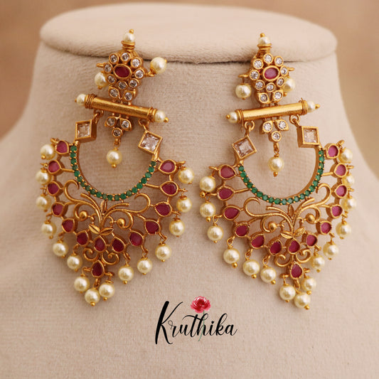 AD stone ruby chandbalis with pearl drops E72