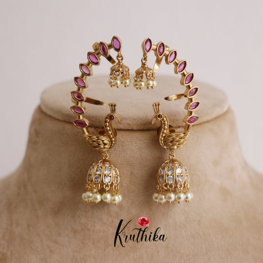 Simple trendy Ruby peacock AD Earcuff Jhumkas E487 (Available in 2 Colours)