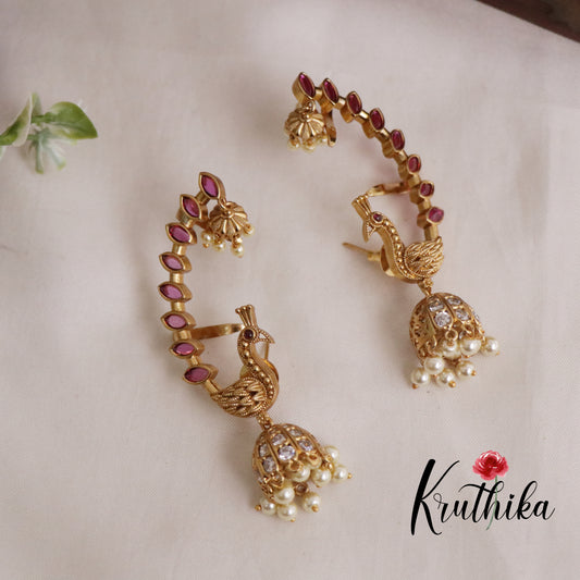 Simple trendy Ruby peacock AD Earcuff Jhumkas E487 (Available in 2 Colours)