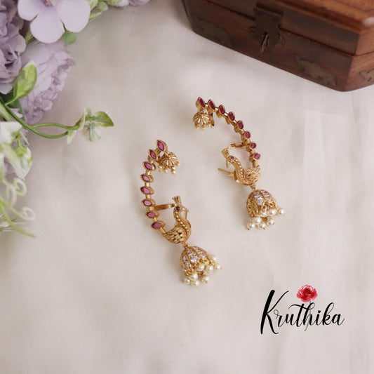 Simple trendy Ruby peacock AD Earcuff Jhumkas E487 (Available in 2 Colours)