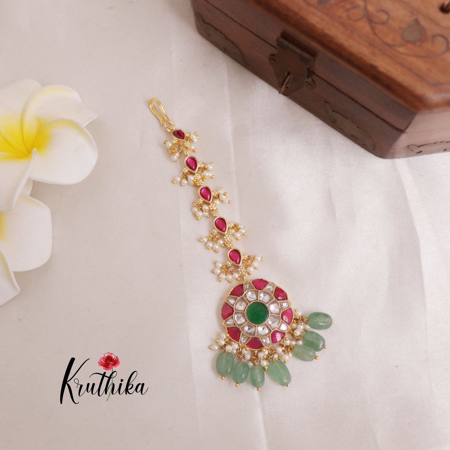 Beautiful Floral Jadau Maang Tikka With Pearl And Bead Drops MT244