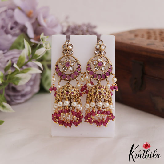 Gorgeous AD Floral Jhumka Earrings With Pearl And Beads Drops E877 (Available In 4 Colors)