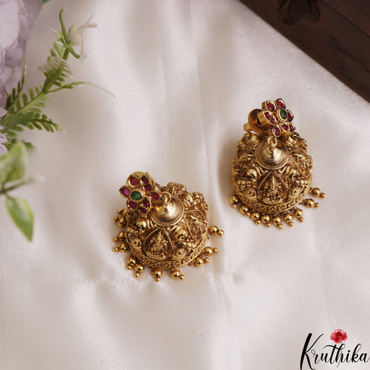 Pretty Antique Floral Lakshmi Motifs Jhumkas With Golden Bead Drops E1180