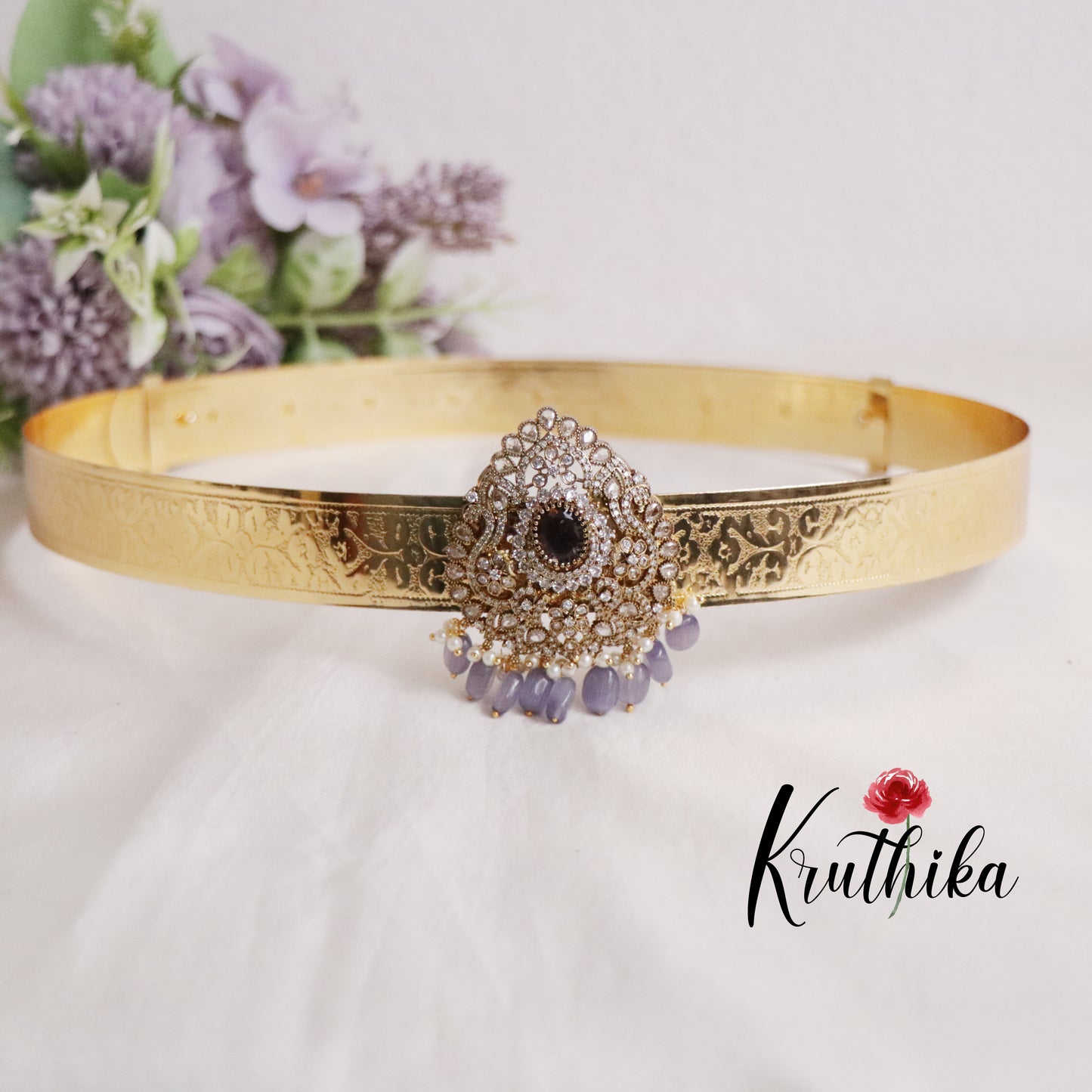Premium CZ Sparkling Amethyst Pearl Drop Vaddanam V263 (Available in 5 Colours)
