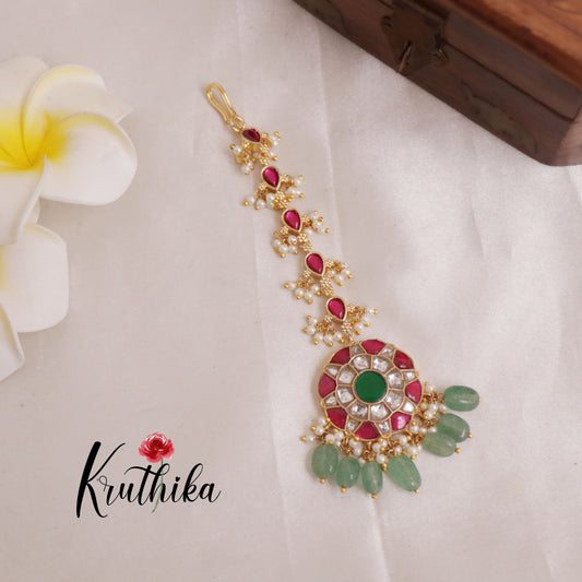 Beautiful Floral Jadau Maang Tikka With Pearl And Bead Drops MT244