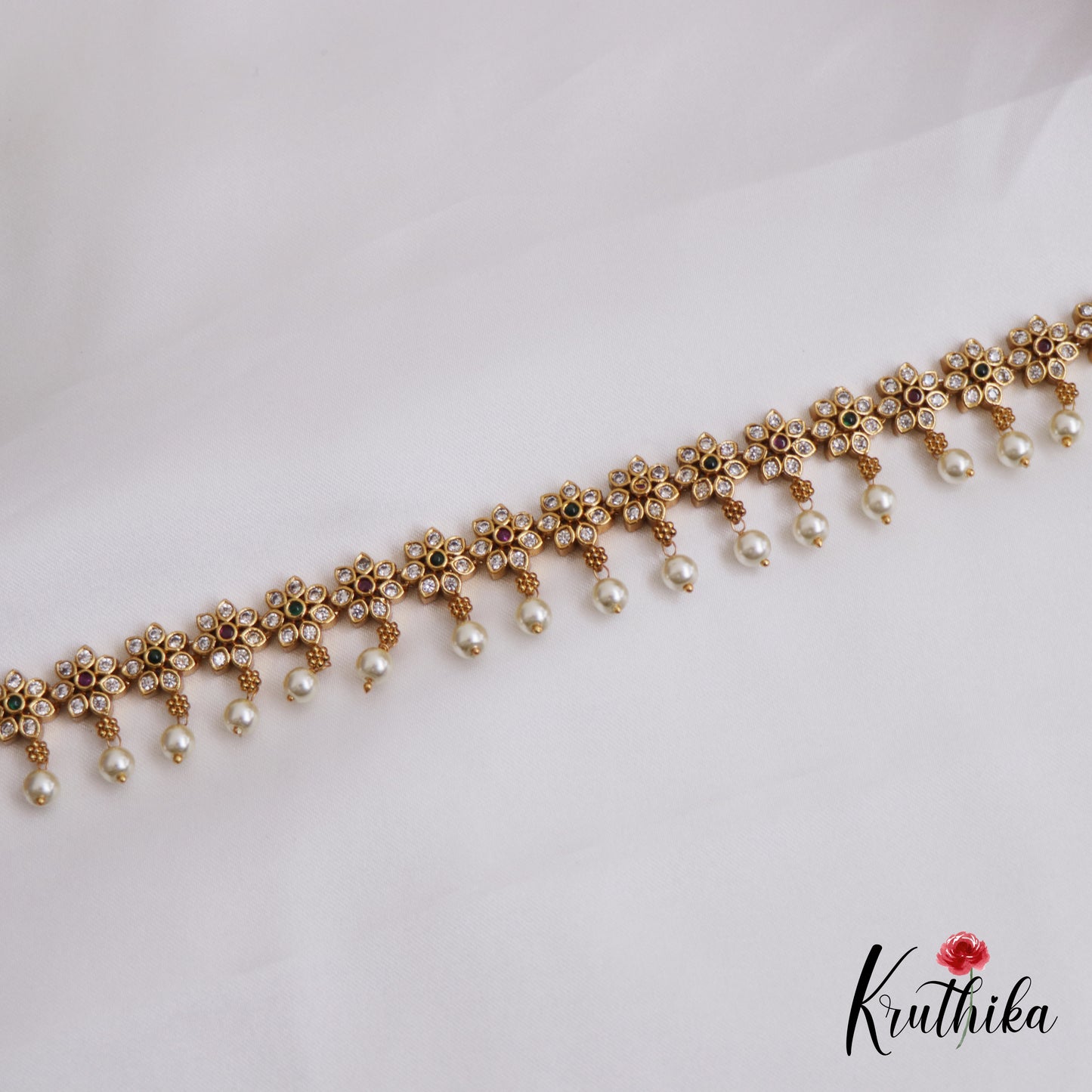 Beautiful AD Floral Motifs Hip Chain With Pearl Drops V329