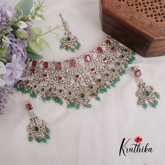 Grand Bridal AD/Victorian Peacock Multi Stone Necklace with Pair of Earrings & Maang Tikka NC2213