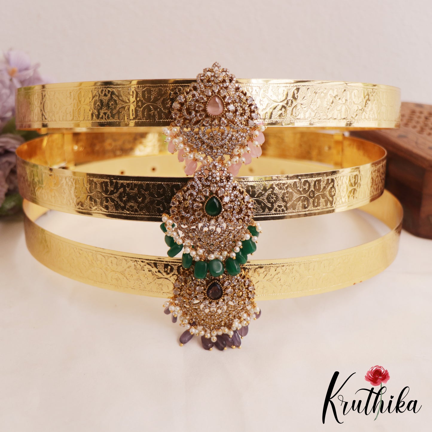 Sparkling AD Floral Teardrop Motifs Hip Belt With Bead Drops V345 (Available In 3 Colors)