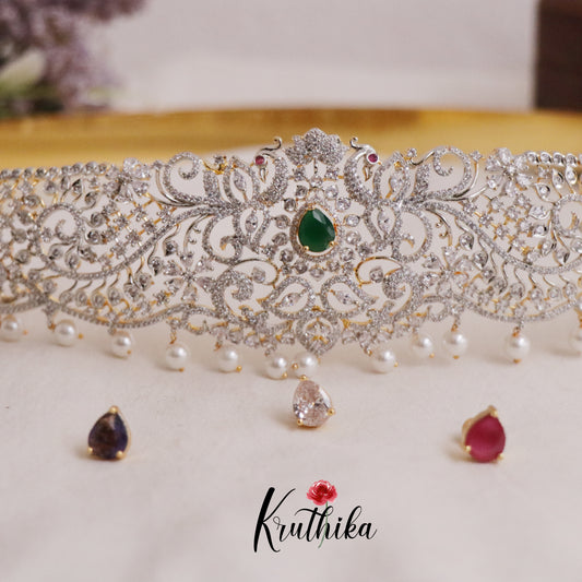 Beautiful CZ Sparking Peacock Changeable Stone with Pearl Drops Hip Belt V278