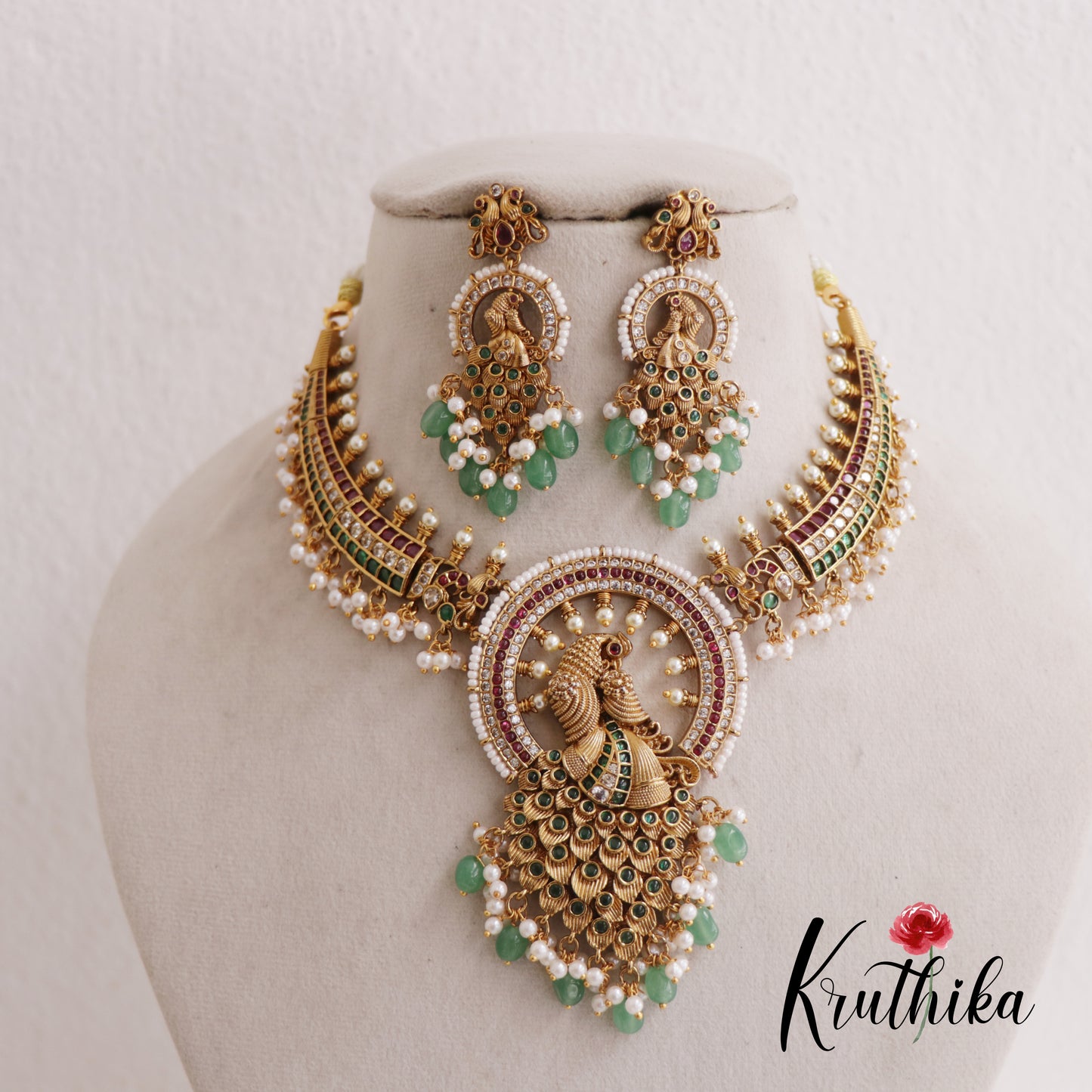 Premium Antique Peacock Jadau Necklace With Bead And Pearl Drops NC2585