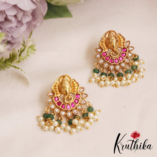 Elegant Lord Ganesha Motifs Stud Earrings With Green Bead Drops E1045
