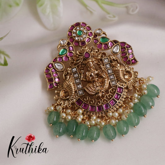 Grand Temple Lakshmi and Peacock Jadau Jada Billa with Green Beads J207