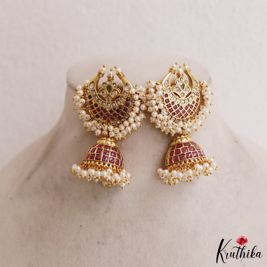 Gorgeous Floral Motifs Chandbali Jadau Jhumkas With Pearl Drops E1074