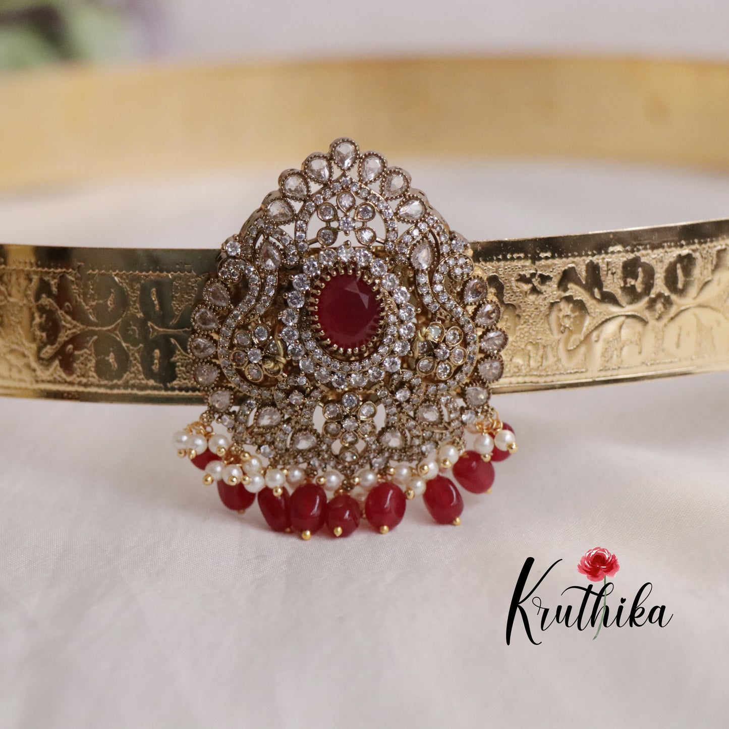 Premium CZ Sparkling Amethyst Pearl Drop Vaddanam V263 (Available in 5 Colours)