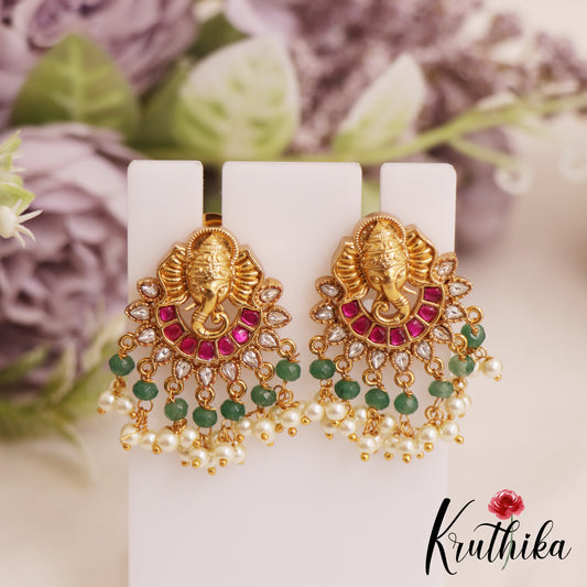 Elegant Lord Ganesha Motifs Stud Earrings With Green Bead Drops E1045