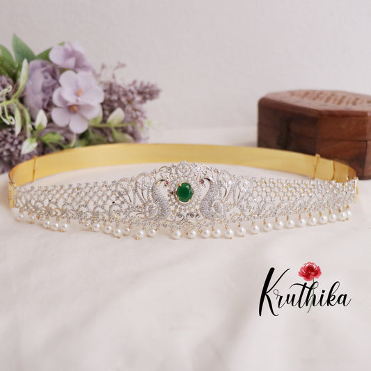 Trendy CZ Sparking Peacock Changeable Stone with Pearl Drops Hip Belt V277