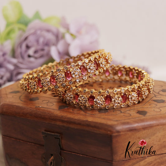 Beautiful Sparking Floral AD/Victorian Bangles B412 Set Of 2 (Available in 3 Colours)