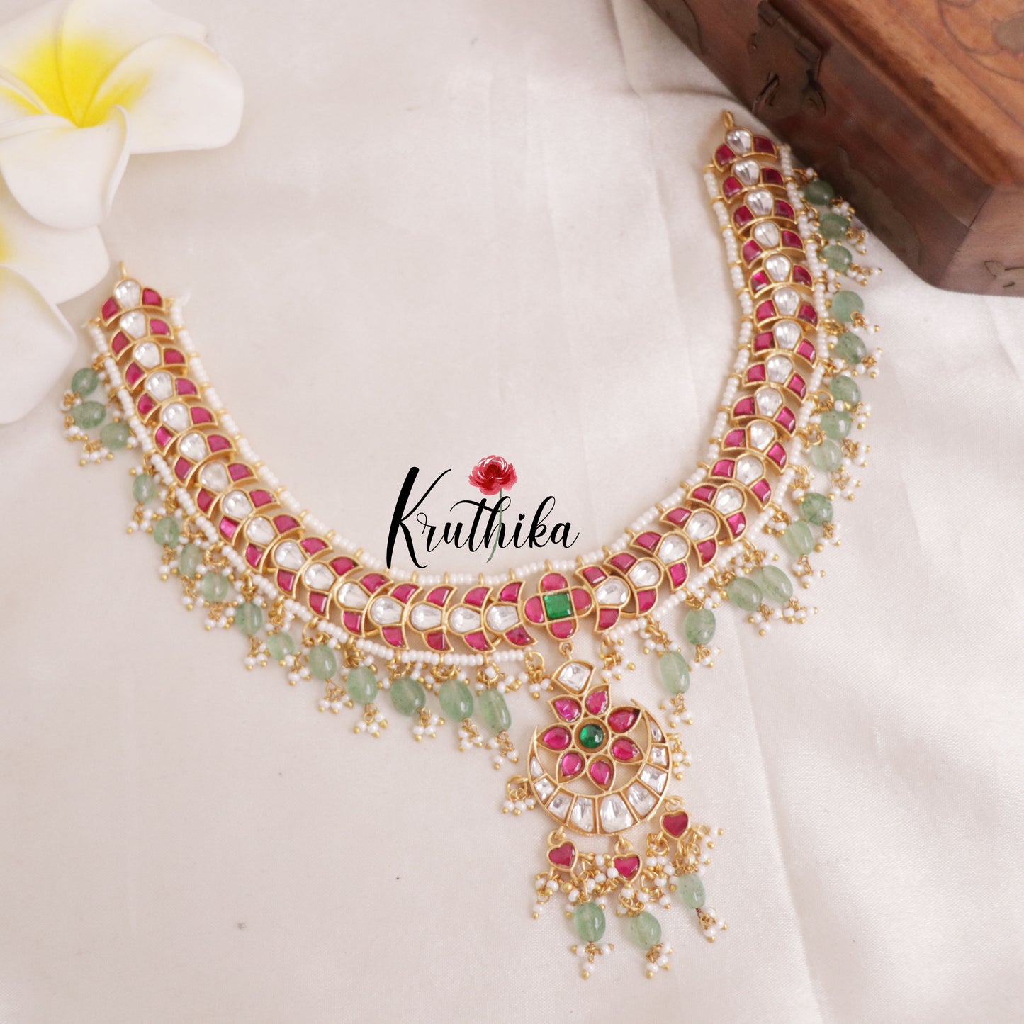 Elegant floral jadau necklace with pastel green beads NC1950