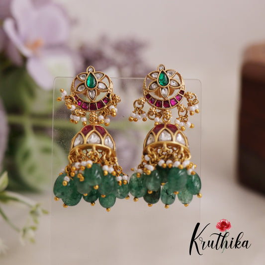 Gorgeous Floral Motifs Jhumka Jadau Earrings With Pearl And Bead Drops E861