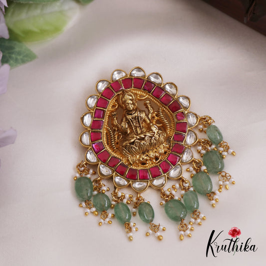 Elegant Antique Lakshmi Motifs Jadau Pendant With Green Bead Drops PS272