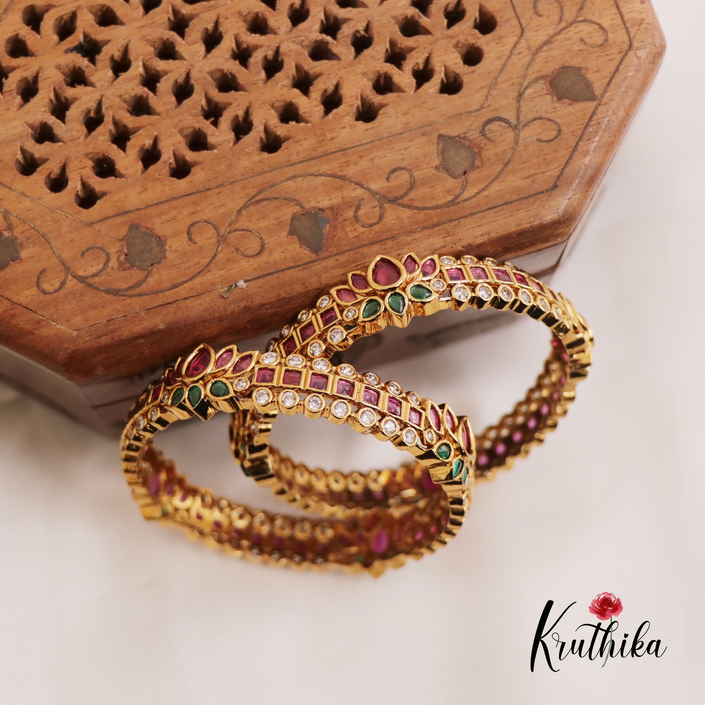 Stunning Lotus Geometric Jadau Bangles B373 (Set of 2 Bangles)|(Available In 2 Colors)