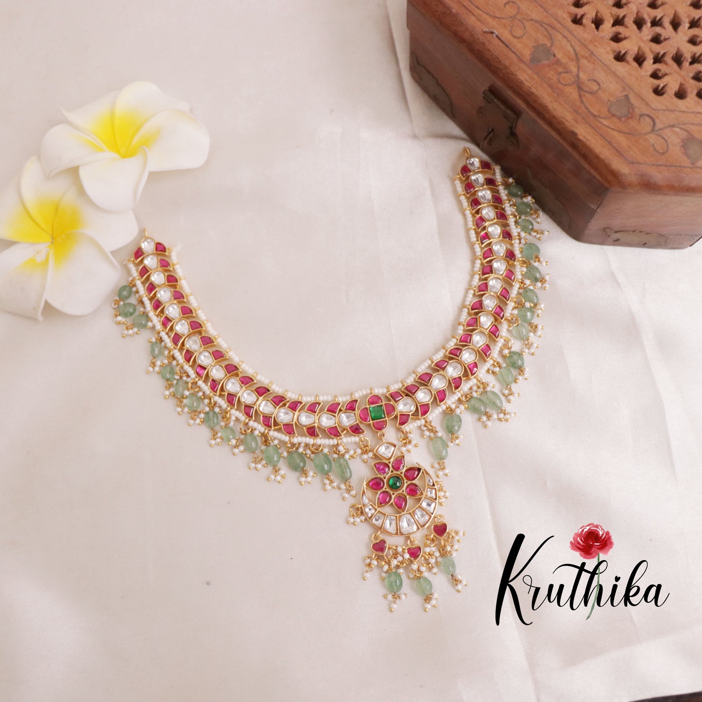 Elegant floral jadau necklace with pastel green beads NC1950