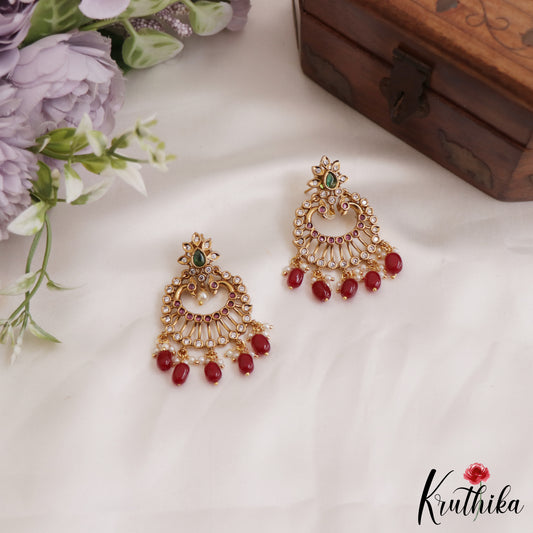 Stunning Peacock Floral Motifs Earrings With Pearl And Bead Drops E886 (Available In 2 Colors)