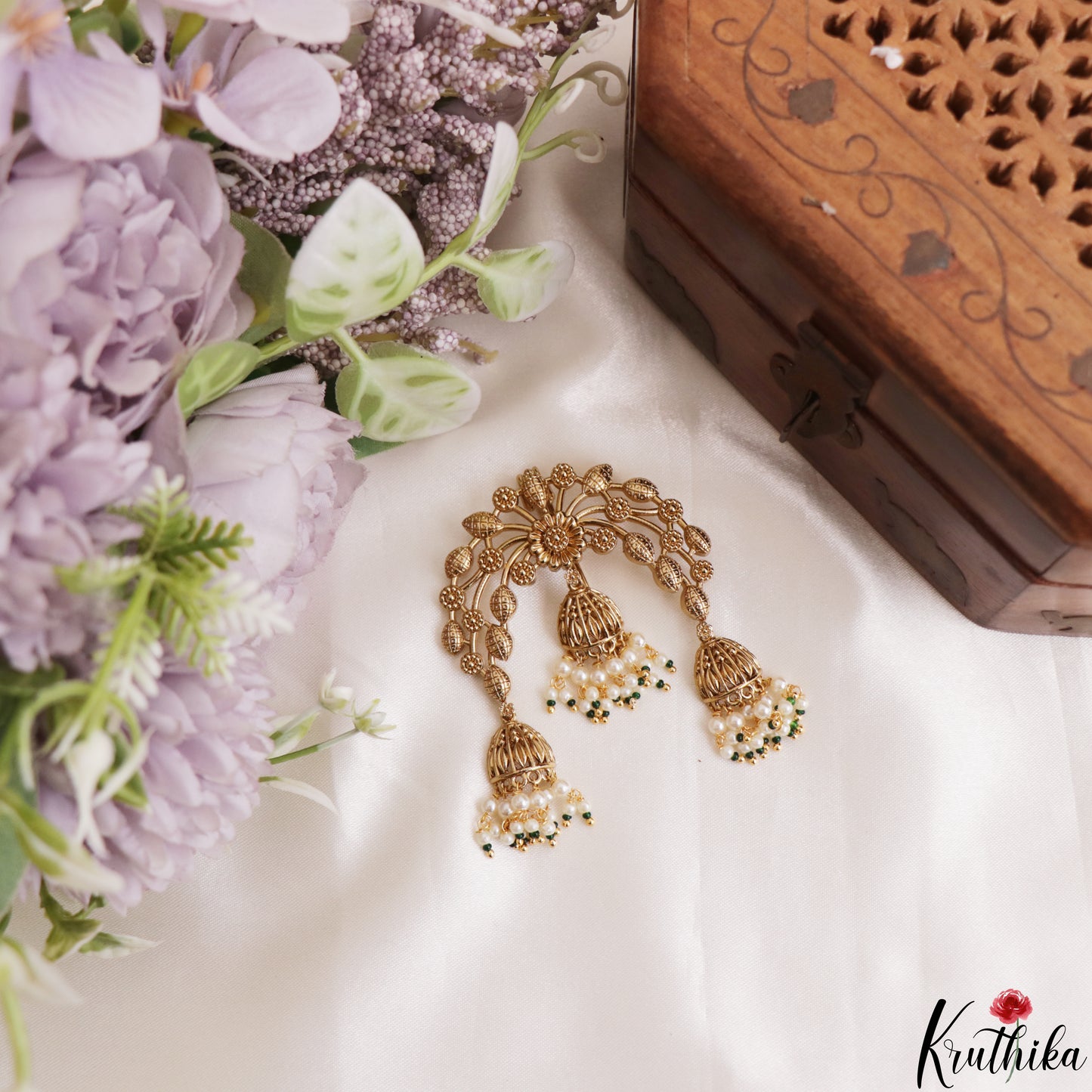Elegant Antique Leaf Floral Motifs Jhumka Drops Jada Billa With Pearl Bead Drops J429 (Available In 2 Colors)