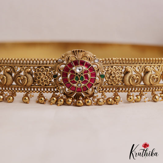 Stunning Antique Floral Peacock Motifs Kemp Hip Belt With Golden Bead Drops V355 (Available In 2 Colors)