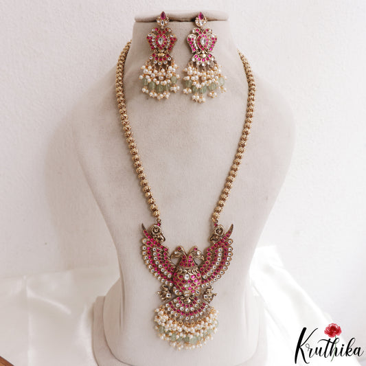 Gorgeous Jadau Gandaberunda Pendant Haaram With Pearl Bead Drops LH2160