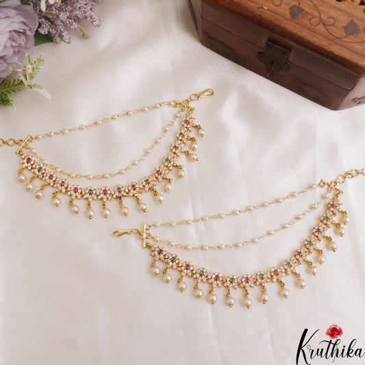 Pretty Floral Motifs Triple Pearl Strand AD Earchains With Pearl Drops EC221