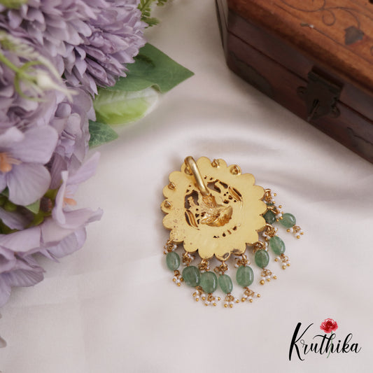 Elegant Antique Lakshmi Motifs Jadau Pendant With Green Bead Drops PS272