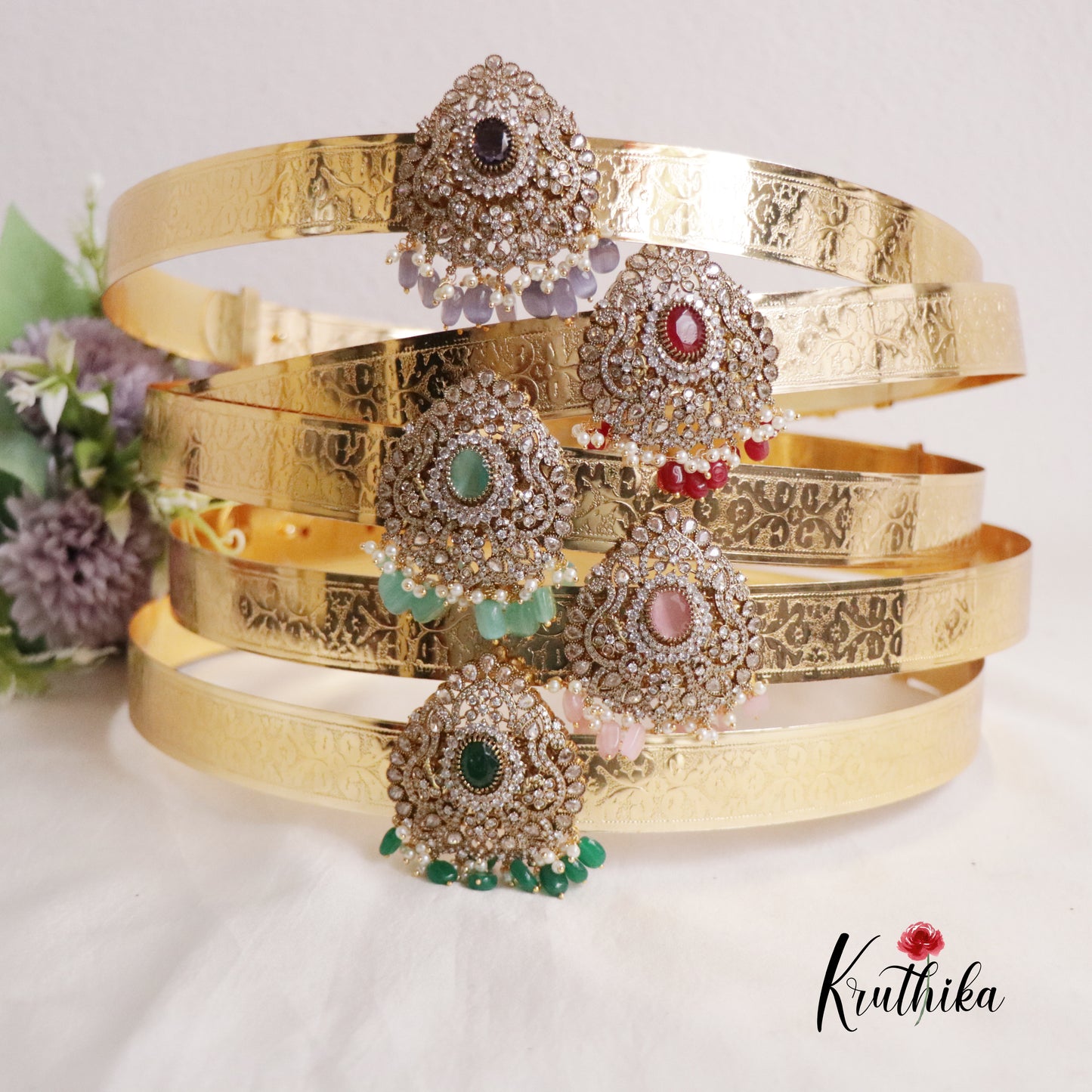 Premium CZ Sparkling Amethyst Pearl Drop Vaddanam V263 (Available in 5 Colours)