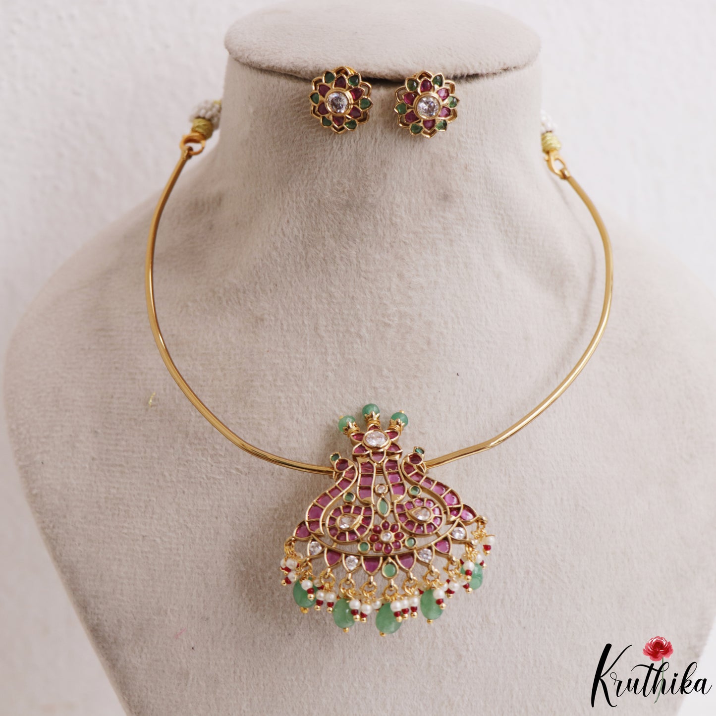 Beautiful Peacock Motifs Kemp Hasli Choker With Pearl Bead Drops NC3257 (Available In 3 Colors)