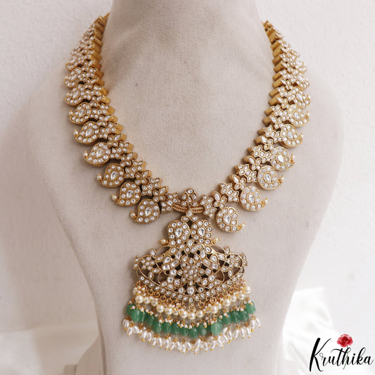 Grand Mango Peacock Motifs Jadau Haaram With Green Bead Drops LH2141 (Available In 2 Colors)