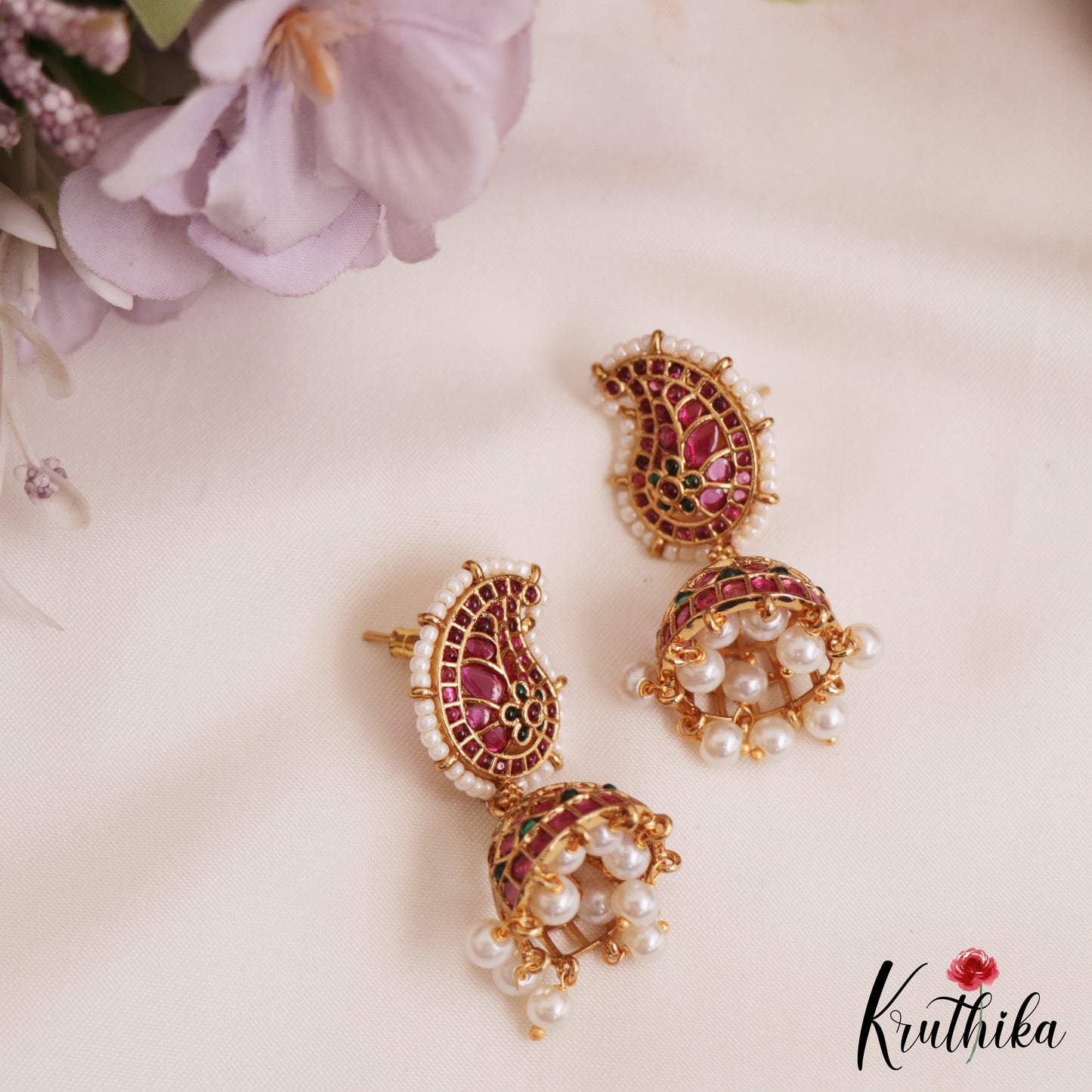 Classic Pearl Border Mango Motifs Kemp Jhumka E1020 (Available In 2 Colors)