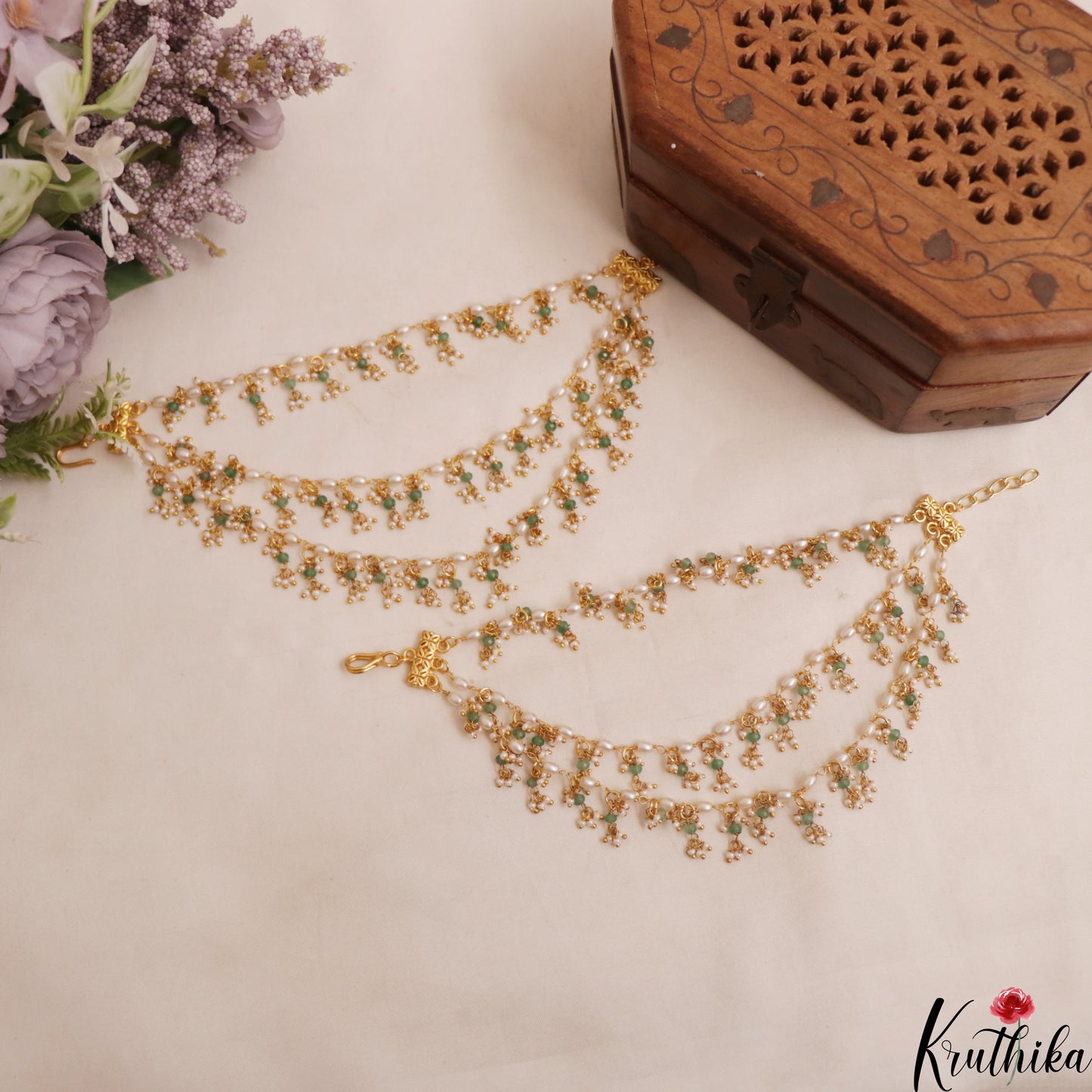 Elegant Triple Pearl Strand Earchains With Green Bead Drops EC222