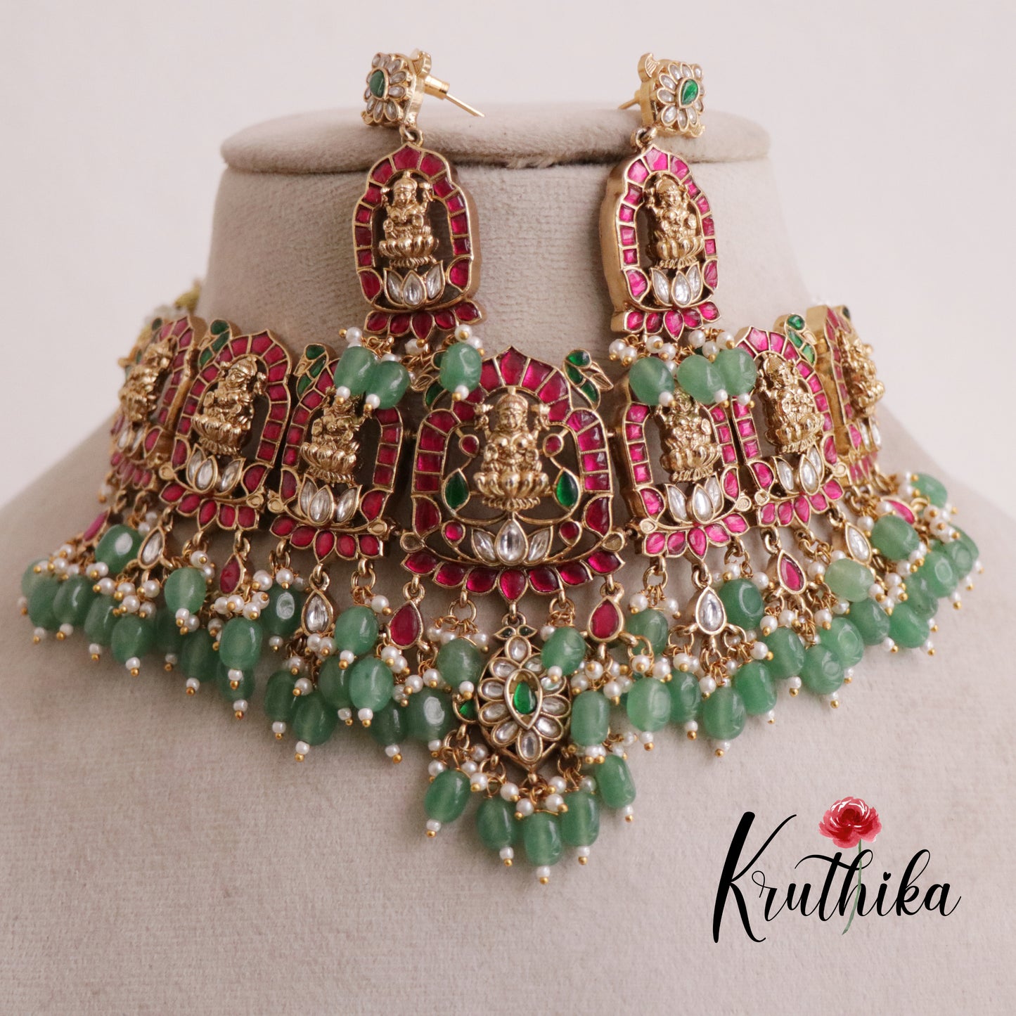 Royal Lakshmi Jadau bead drops Choker NC1898 (Available in three colors)