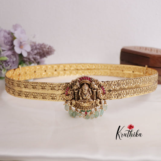 Beautiful Antique Jadau Lakshmi Hip Belt with Pastel Green Beads Drops V282