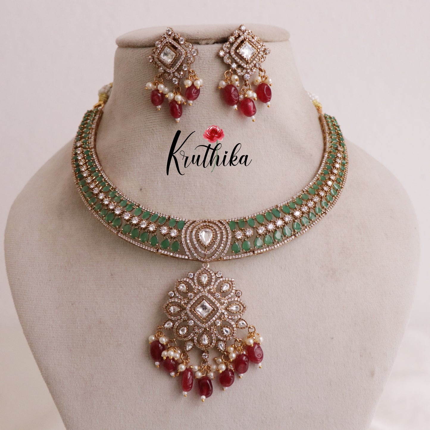 Trendy AD Victorian hasli necklace with bead drops NC1890 (Available in two colors)