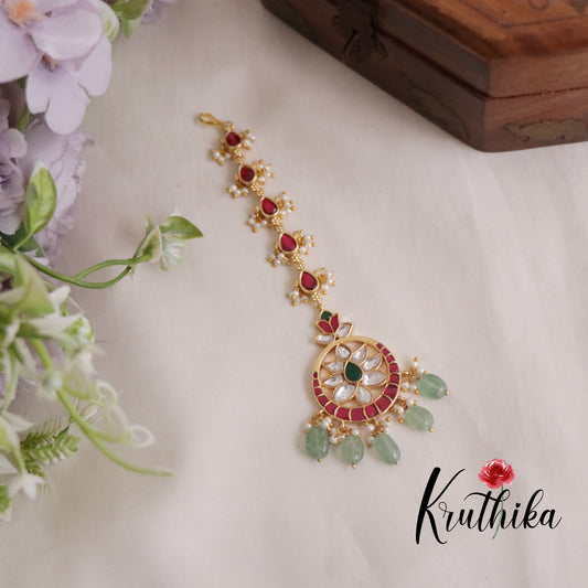 Gorgeous Jadau Maang Tikka with Pastel Green Beads MT270