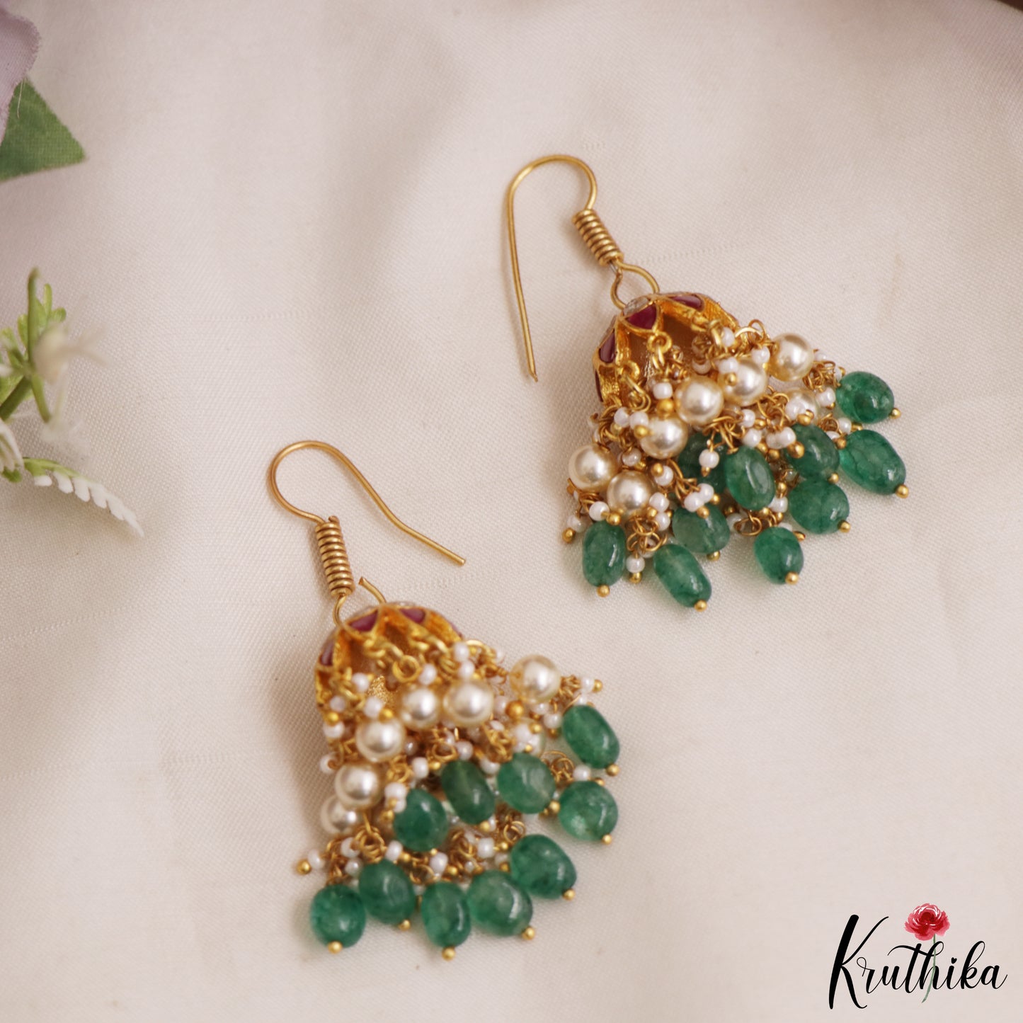 Pretty Teardrop Motifs Jadau Jhumkas With Pearl And Bead Drops E1087
