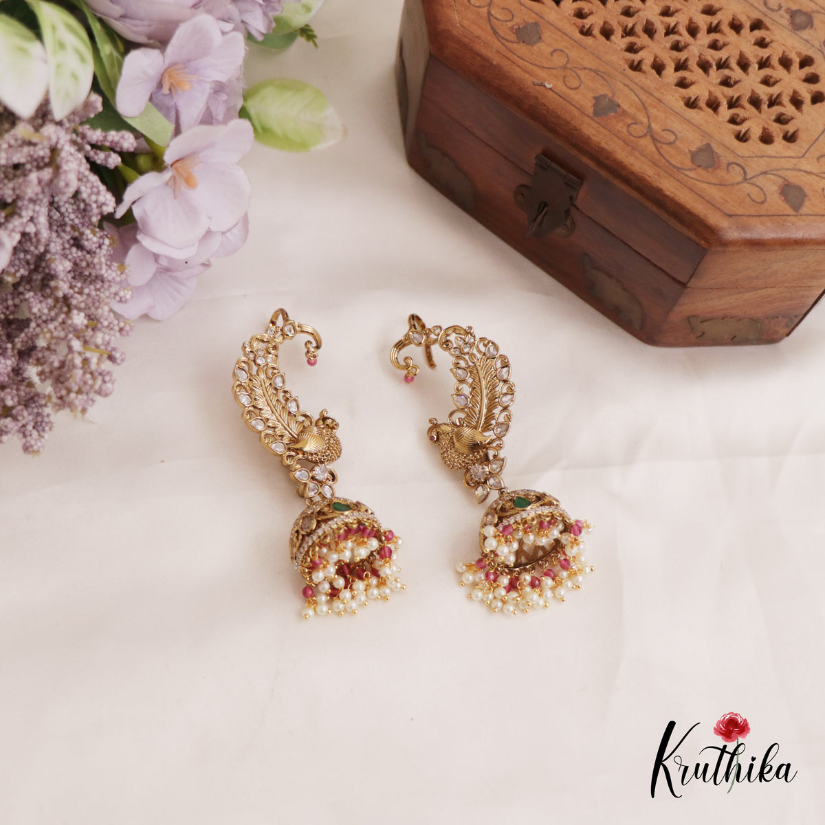 Premium AD Peacock Pearl Earcuff with Jhumkas E795 (Available In 2 Colors)