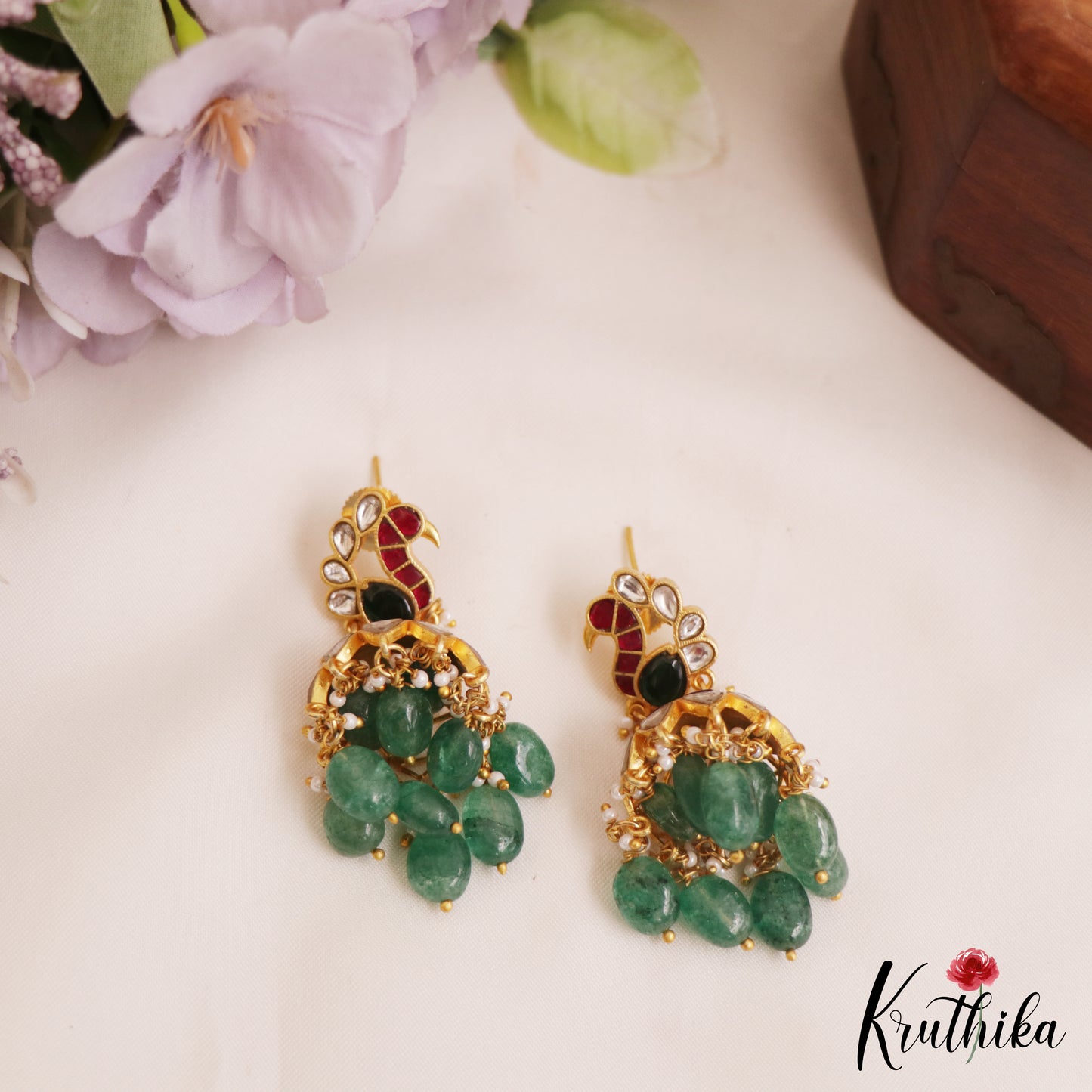 Beautiful Peacock Motifs Jadau Jhumka With Green Bead Drops E1019