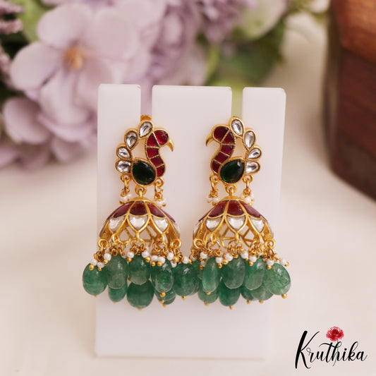 Beautiful Peacock Motifs Jadau Jhumka With Green Bead Drops E1019