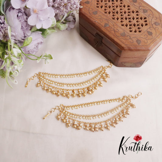 Simple Three Layer Pearl Earchains with Golden Beads Drops EC107