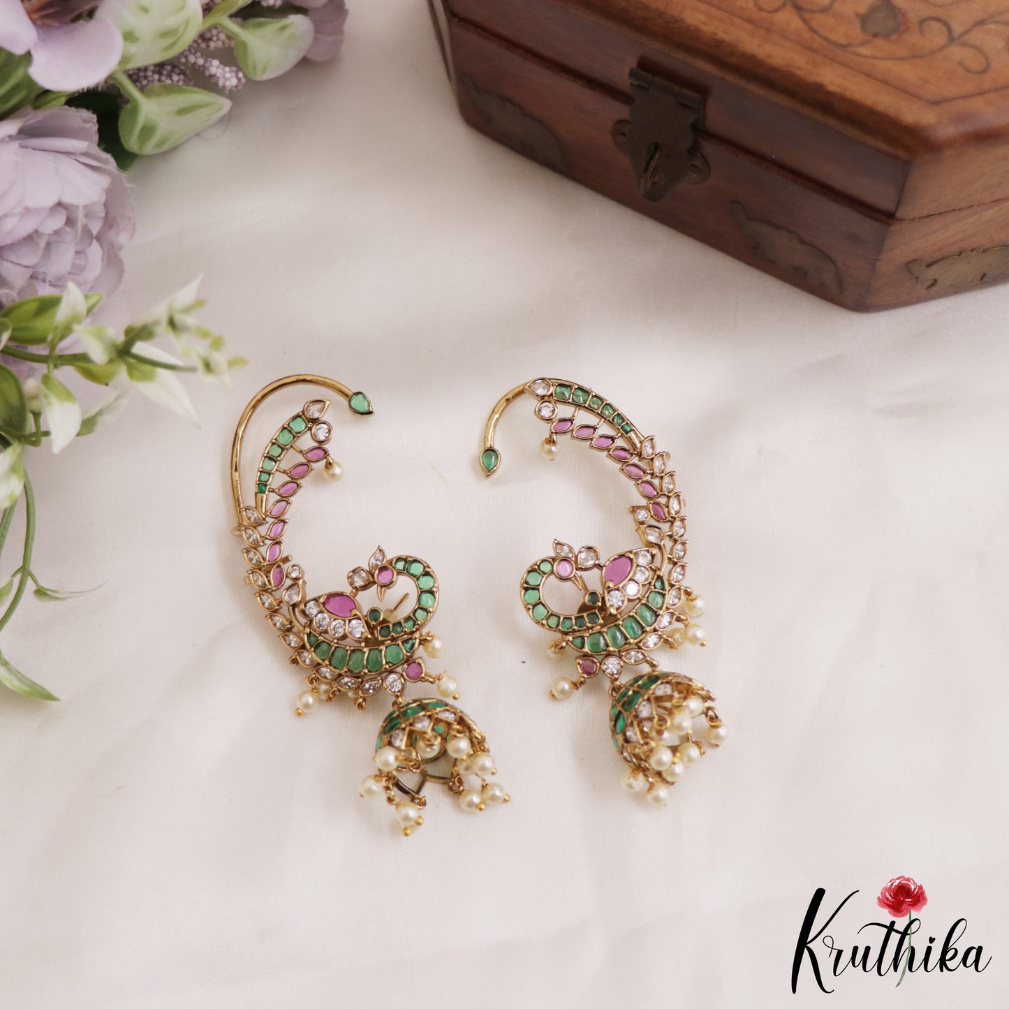 Beautiful Kemp Peacock Motifs Earcuff With Jhumkas E884 (Available in 2 Colours)