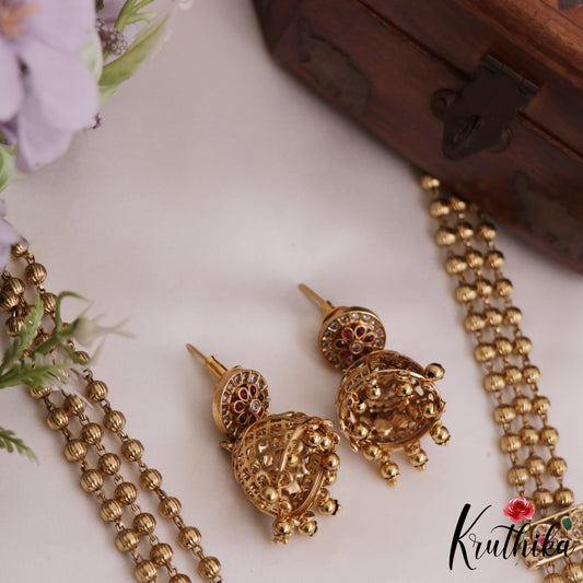 Beautiful Three Layer Golden Beaded Haaram with Peacock Floral Motifs Pendant LH2049
