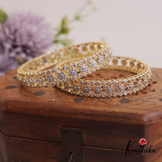 Elegant Floral Motifs AD Gold Finish Bangles B451 (Set of 2 Bangles)